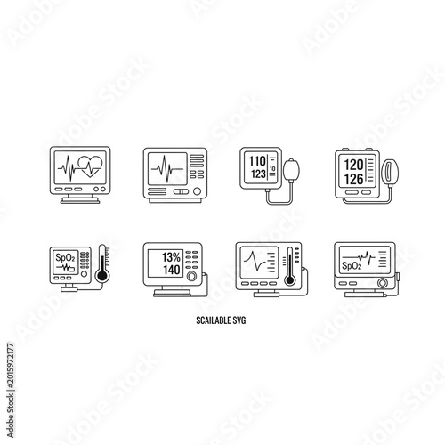 Outline icons of medical monitors displaying vital signs and ecg waveforms