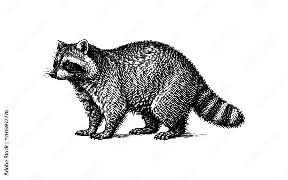 Fototapeta premium Detailed illustration of a raccoon standing on a white background