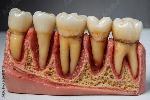 Cross-section of human jaw with teeth showing roots, gums, and alveolar bone structure for dental education.