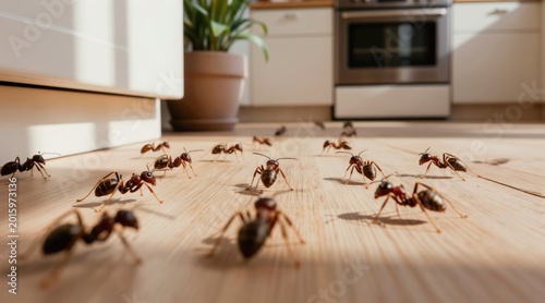 Many ants walk on a light wood kitchen floor near appliances. Insects infest home, crawl on floorboards near cabinet and stove. Pest control needed for insect problem.