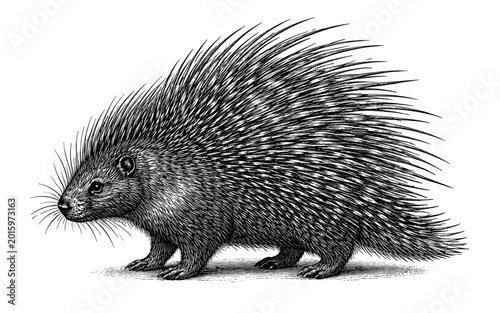 Detailed black and white illustration of a porcupine with sharp quills