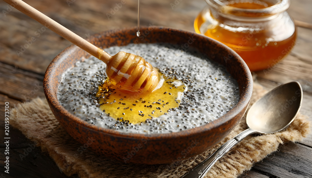 Fototapeta premium Delicious bowl of poppy seed porridge with honey, symbolizing a healthy and comforting breakfast