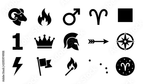 Foto Aries Zodiac Symbol, Ram Icon, Fire, Mars Symbol, Crown, Helmet, Arrow, Compass,
