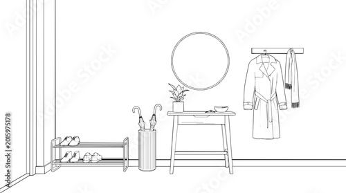 Minimalist hallway interior design sketch featuring a console table with a plant, mirror, umbrella stand, and shoe rack, all in a clean line art style