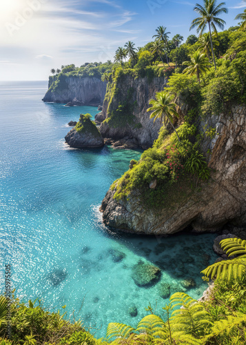 tropical island with lush greenery and crystal clear turquoise water surrounded by rocky cliffs and