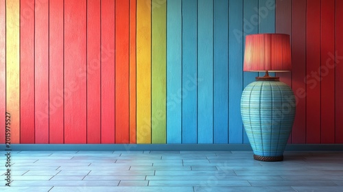 Rainbow colored walls and a decorative lamp create a cheerful atmosphere