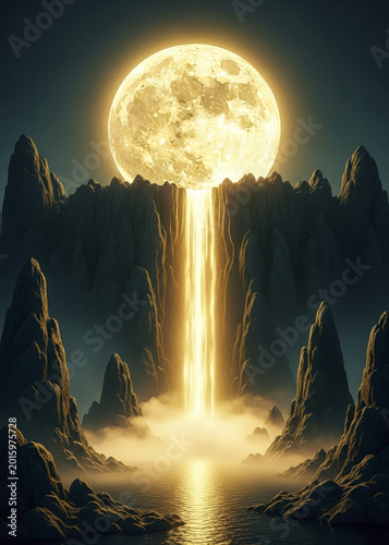 a large moon is shining brightly in the sky above a mountain range with a waterfall flowing into a b