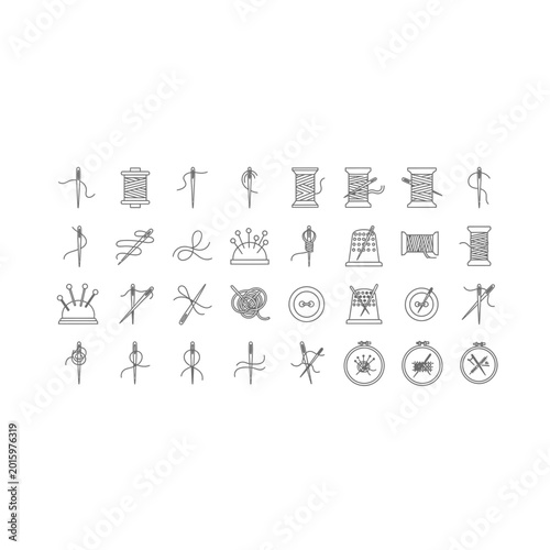 Set of sewing and needlecraft line art icons with needlecraft, knitting