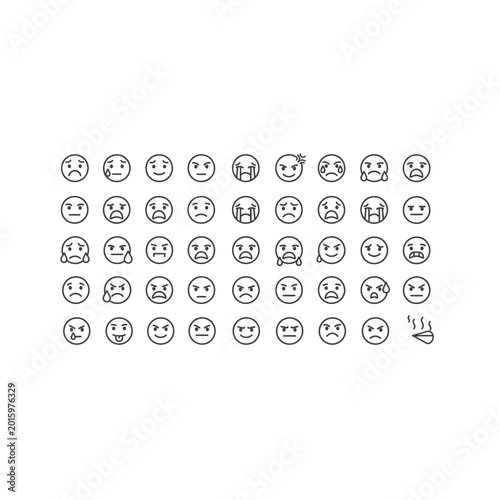 Diverse collection of outline face and emotion icons with emoticons, expressions