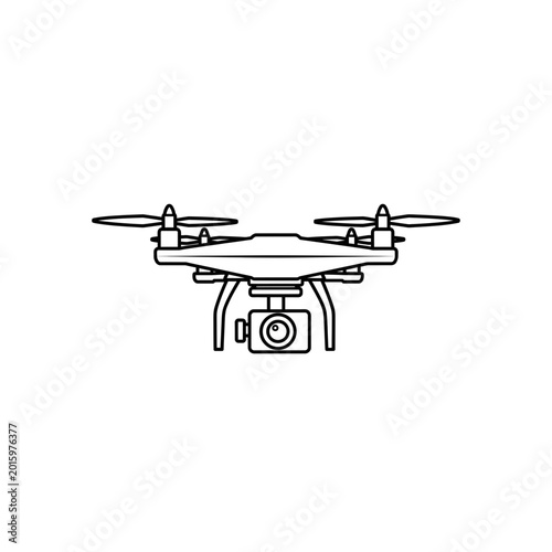 Minimalist drone line art icon with camera quadcopter photography technology