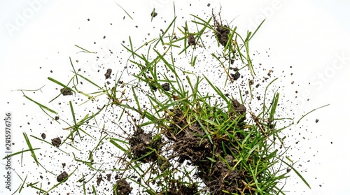 Freshly pulled green grass with visible soil and roots is scattered across a pristine white background, showcasing the organic texture and composition.