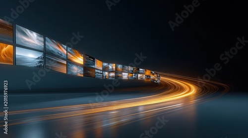 Curved screens display abstract images with glowing orange light trails