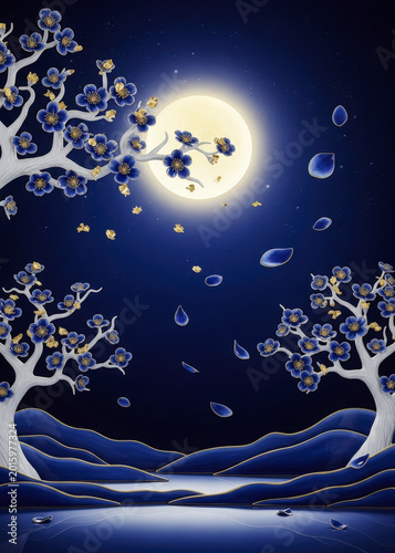Nighttime landscape with full moon and blossoming trees under a starry sky full moon night blossomin