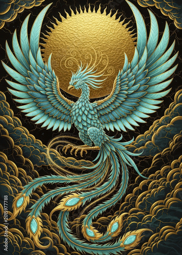 Majestic Phoenix Rising with Intricate Feathers and Radiant Sun Background majestic phoenix intricat