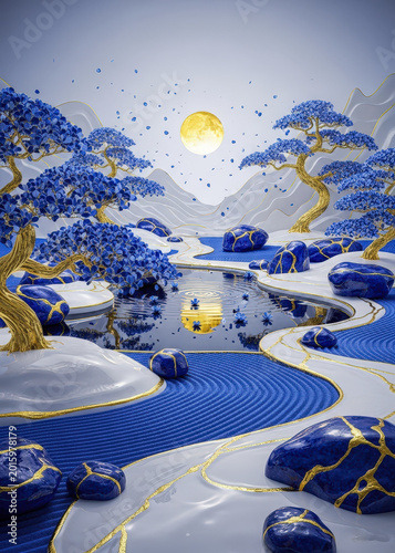 Serene Blue and Gold Landscape with River, Trees, and Mountains under a Full Moon blue and gold land