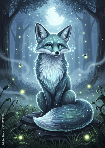 Mystical glowing fox sitting in an enchanted forest surrounded by fireflies at night glowing fox enc