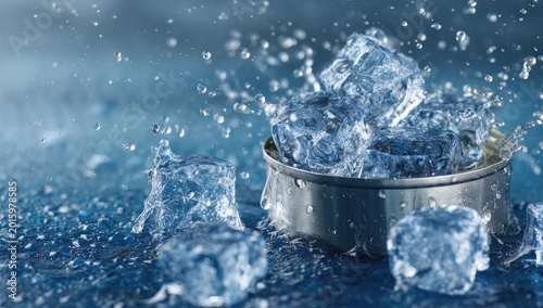 Close-up of ice cubes splashing into a metal container with water