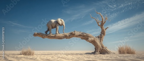 Surreal image of an elephant balancing on a dead tree branch in a desert landscape.