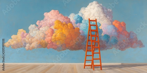 A vibrant, painted cloud beckons, with an orange ladder reaching towards it