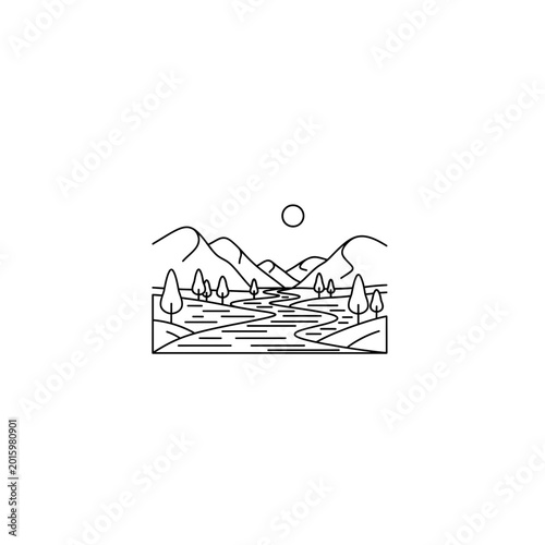 Minimalist landscape line art illustration of mountains and river with mountain