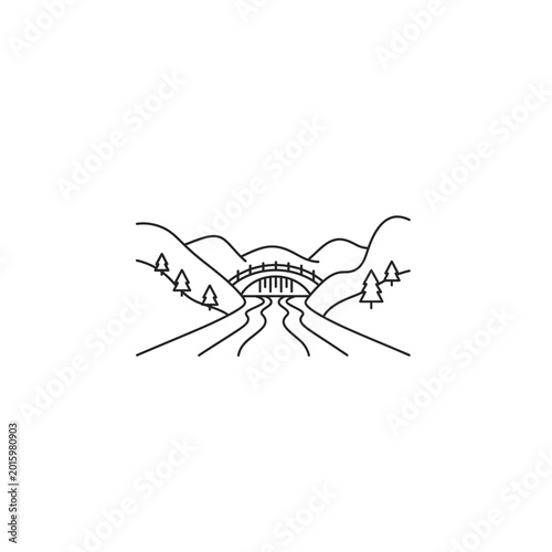 Hydroelectric dam landscape line art icon with hydroelectric, landscape