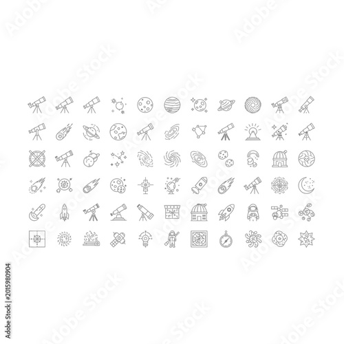 Collection of science and space research icons in thin line style with research