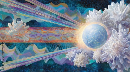 Glowing orb surrounded by crystalline structures and vibrant light beams