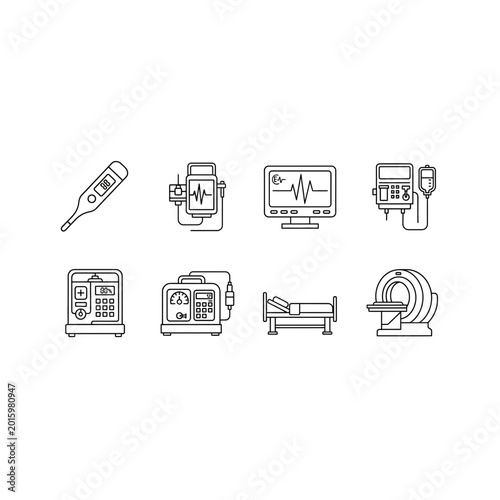 Medical diagnostic equipment and hospital technology line icons set
