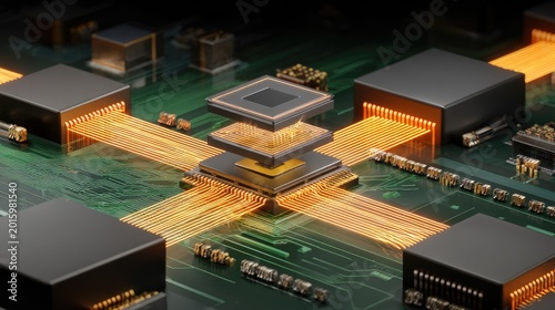 Exploded view of futuristic processor on a green circuit board