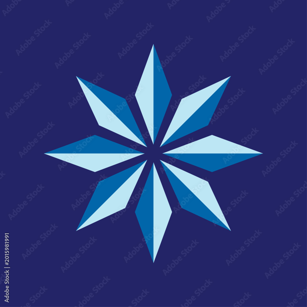 Fototapeta premium Logotipo con estrella geométrica de ocho puntas en color azul. Símbolo de copo de nieve o aire acondicionado 