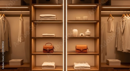 Organized walk-in closet with modern shelving, clothing on hangers, and decorative accessories, illuminated by warm led lighting