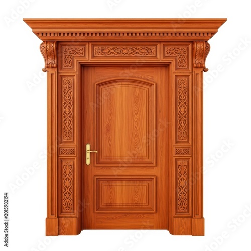 Classic and inviting entrance to a dwelling, featuring a richly stained wooden panel door centered within a grand decorative frame, building, wooden, architecture