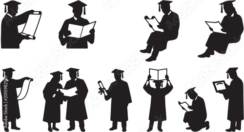 Tableau sur toile Graduates in caps and gowns reading.