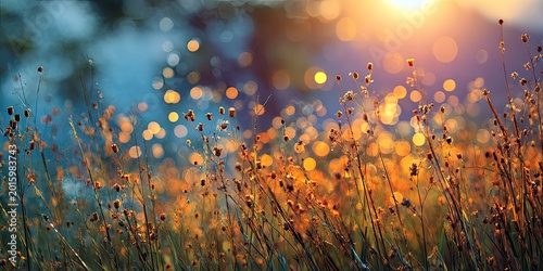 Golden hour light illuminates tall grass with bokeh effect