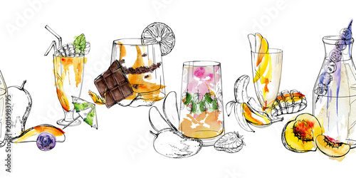 Εκτύπωση καμβά Citrus, mango and berry smoothie, creamy milkshake border, summer drink mix, blueberry topping hand drawn in ink, watercolor