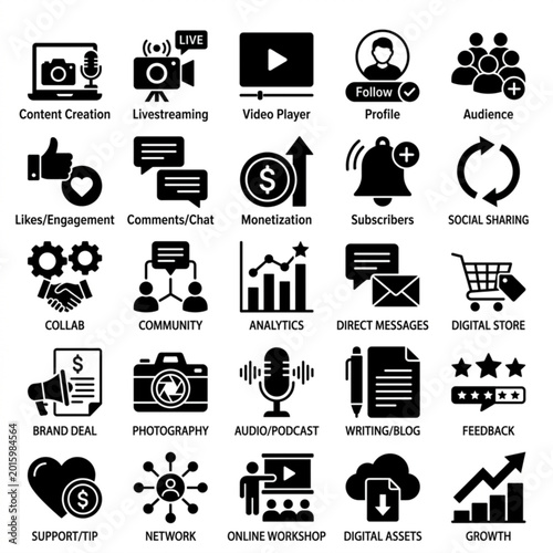 Black icons for social media and online business concepts