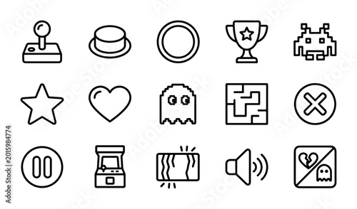 Photos Retro Arcade Game Icons Set: Joystick, Ghost, Star, Trophy, Space Invader