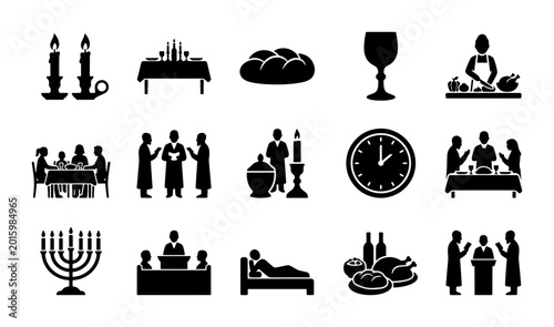 Bild auf Leinwand Jewish Holiday Icons Set, Shabbat Dinner, Menorah, Food, Celebration Vector Icon