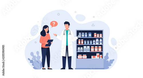 Pharmacist consulting patient at pharmacy counter with medicine shelves