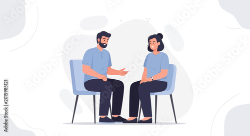 Two people talking on chairs, illustration, communication, discussion, mental health support.