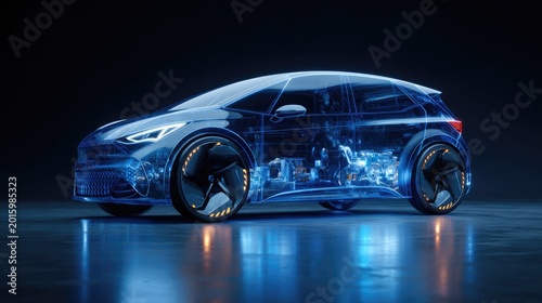 Futuristic electric vehicle blueprint with glowing internal components