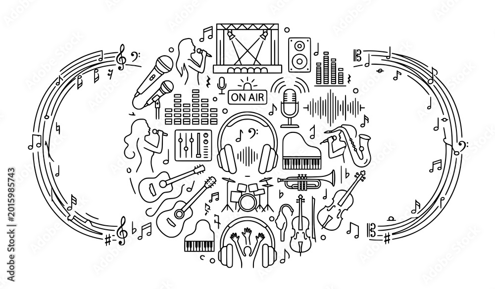 Fototapeta premium Modern music singer and microphone line icons with editable outline vector design