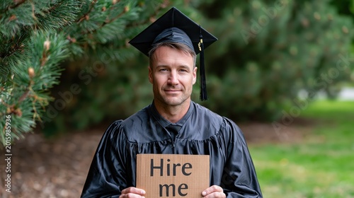 Male graduate in cap and gown holding hire me sign outdoors seeking employment