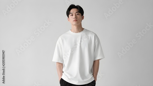 A young Asian man wearing a plain white t-shirt, captured in a studio setting, perfect for a mockup for branding presentation