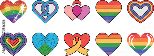 A set of diverse artistic heart icons representing LGBTQ pride and colorful equality within a modern graphic design collection.