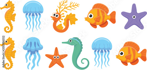 A cute collection of cartoon marine life and colorful sea creatures for World Ocean Day illustrations