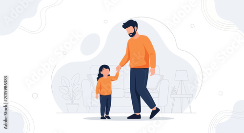 Father and Daughter Holding Hands, Walking Indoors