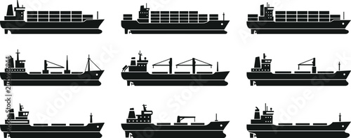 Cargo ship silhouettes with container vessel bulk carrier and tanker designs, decorative artwork vector illustration element for maritime, transport, and ocean design