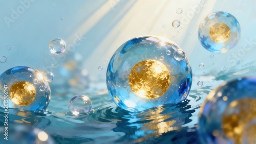 Bubbles with golden spheres in water