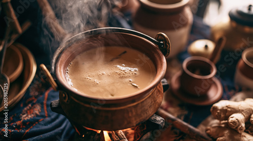 Steaming masala chai pot simmering over fire